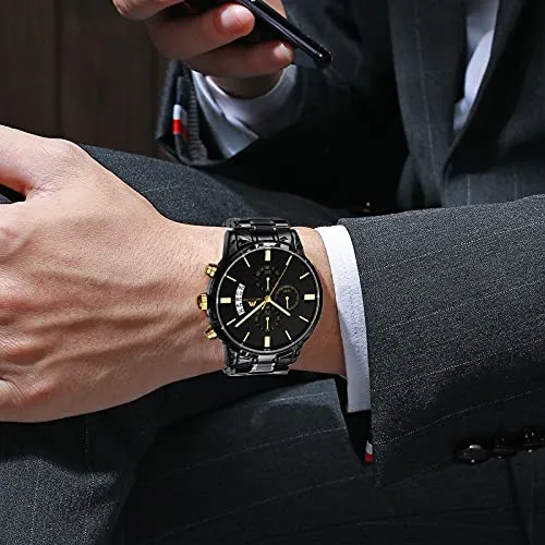 MEGALITH Mens Watches 45mm Chronograph Quartz Men's Wrist Watches Stainless Steel Black Waterproof Business Dress Watches for Men Luminous Date, Gifts for Men