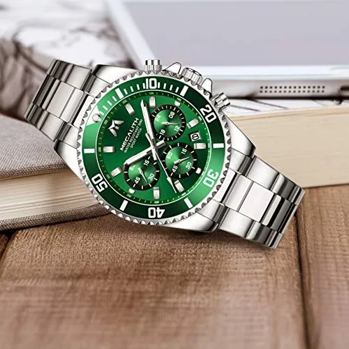 MEGALITH Mens Watches with Stainless Steel Waterproof Analog Quartz Fashion Business Chronograph Green Watch for Men, Auto Date