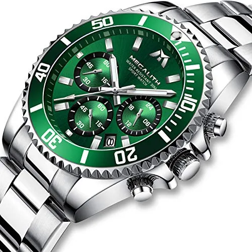 MEGALITH Mens Watches with Stainless Steel Waterproof Analog Quartz Fashion Business Chronograph Green Watch for Men, Auto Date