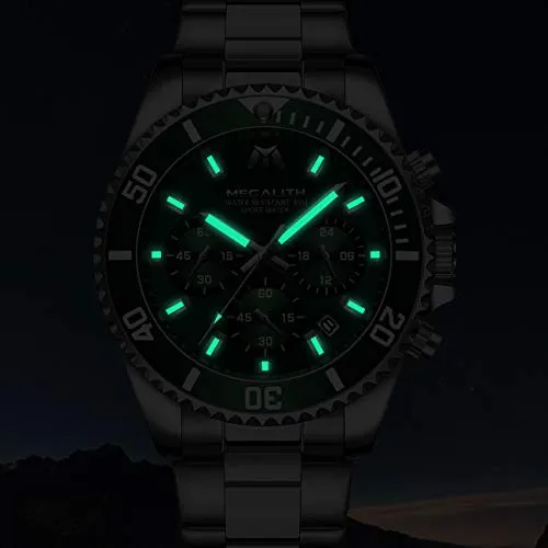MEGALITH Mens Watches with Stainless Steel Waterproof Analog Quartz Fashion Business Chronograph Green Watch for Men, Auto Date