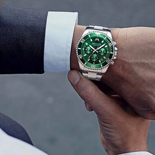 MEGALITH Mens Watches with Stainless Steel Waterproof Analog Quartz Fashion Business Chronograph Green Watch for Men, Auto Date