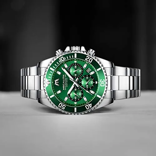 MEGALITH Mens Watches with Stainless Steel Waterproof Analog Quartz Fashion Business Chronograph Green Watch for Men, Auto Date