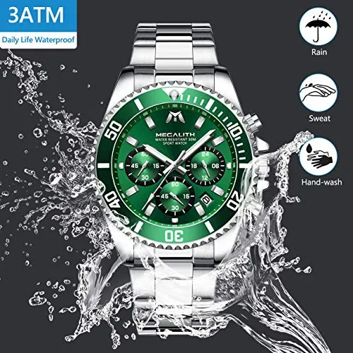MEGALITH Mens Watches with Stainless Steel Waterproof Analog Quartz Fashion Business Chronograph Green Watch for Men, Auto Date