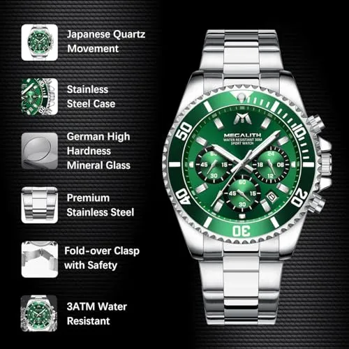 MEGALITH Mens Watches with Stainless Steel Waterproof Analog Quartz Fashion Business Chronograph Green Watch for Men, Auto Date