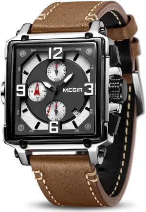 MEGIR Men's Analogue Army Military Chronograph Luminous Quartz Watch with Fashion Leather Strap for Sport & Business Work ML2061G