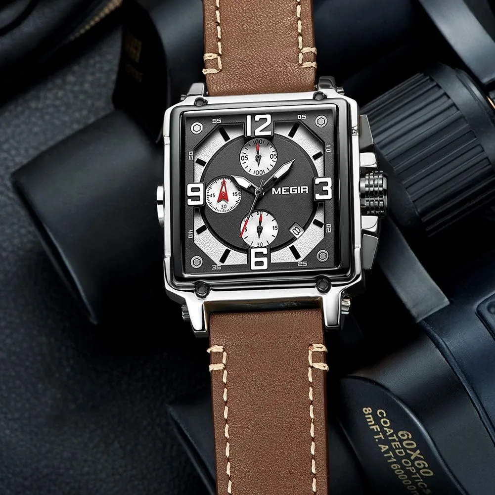 MEGIR Men's Analogue Army Military Chronograph Luminous Quartz Watch with Fashion Leather Strap for Sport & Business Work ML2061G