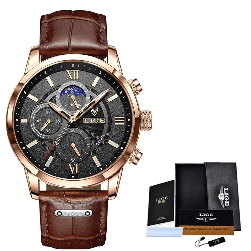Men Watches Fashion Leather Waterproof Luminous Quartz Wristwatch