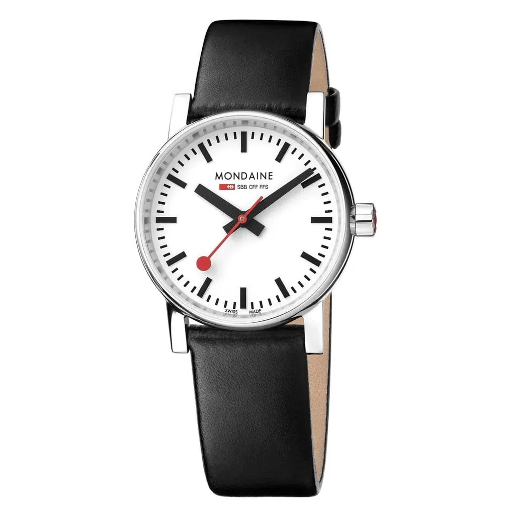 Mondaine evo2 Stainless Steel Watch with Black Leather Strap