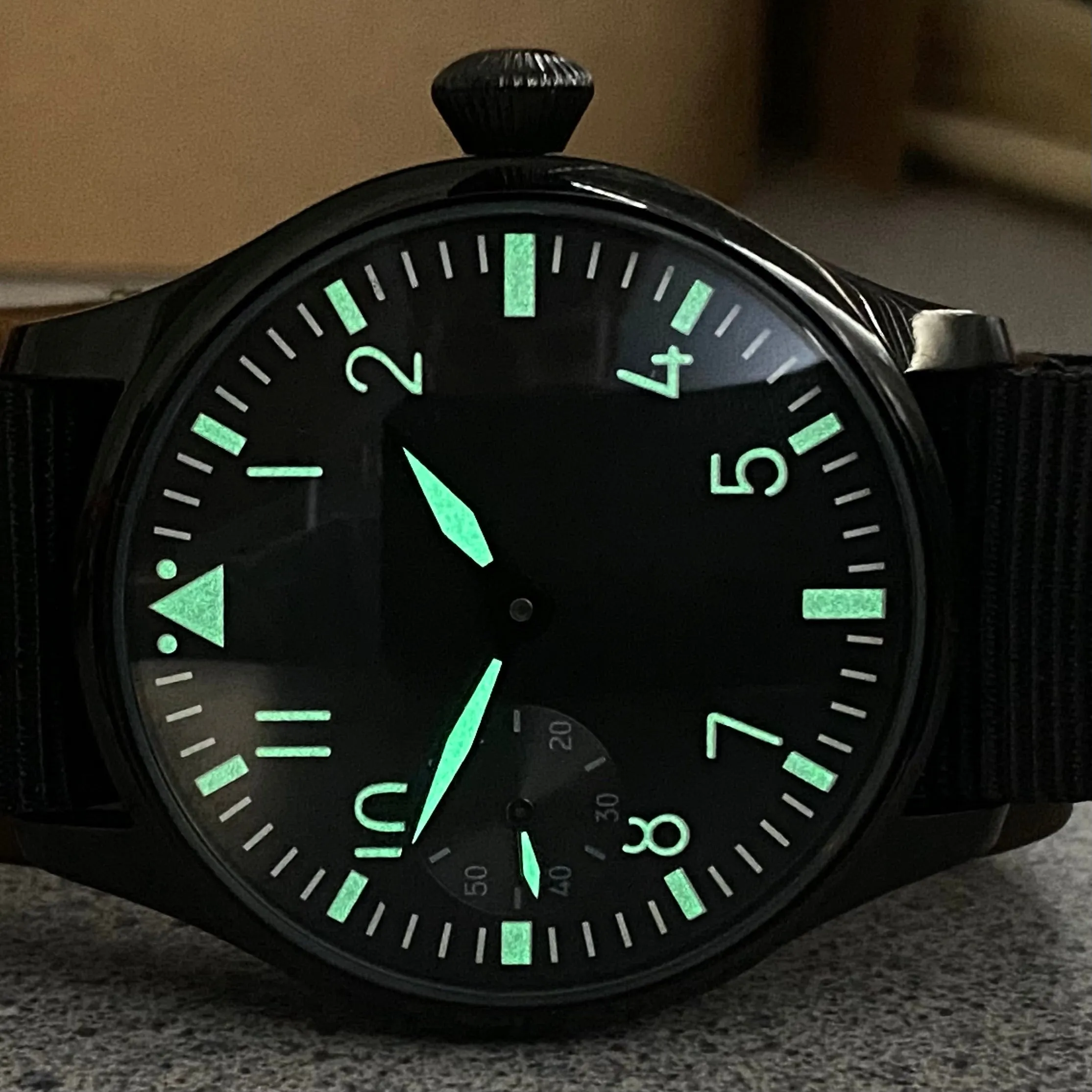 NOS! "BIG PILOT" Homage Watch Black Dial 17 Jewels Manual Wind Wristwatch 44mm