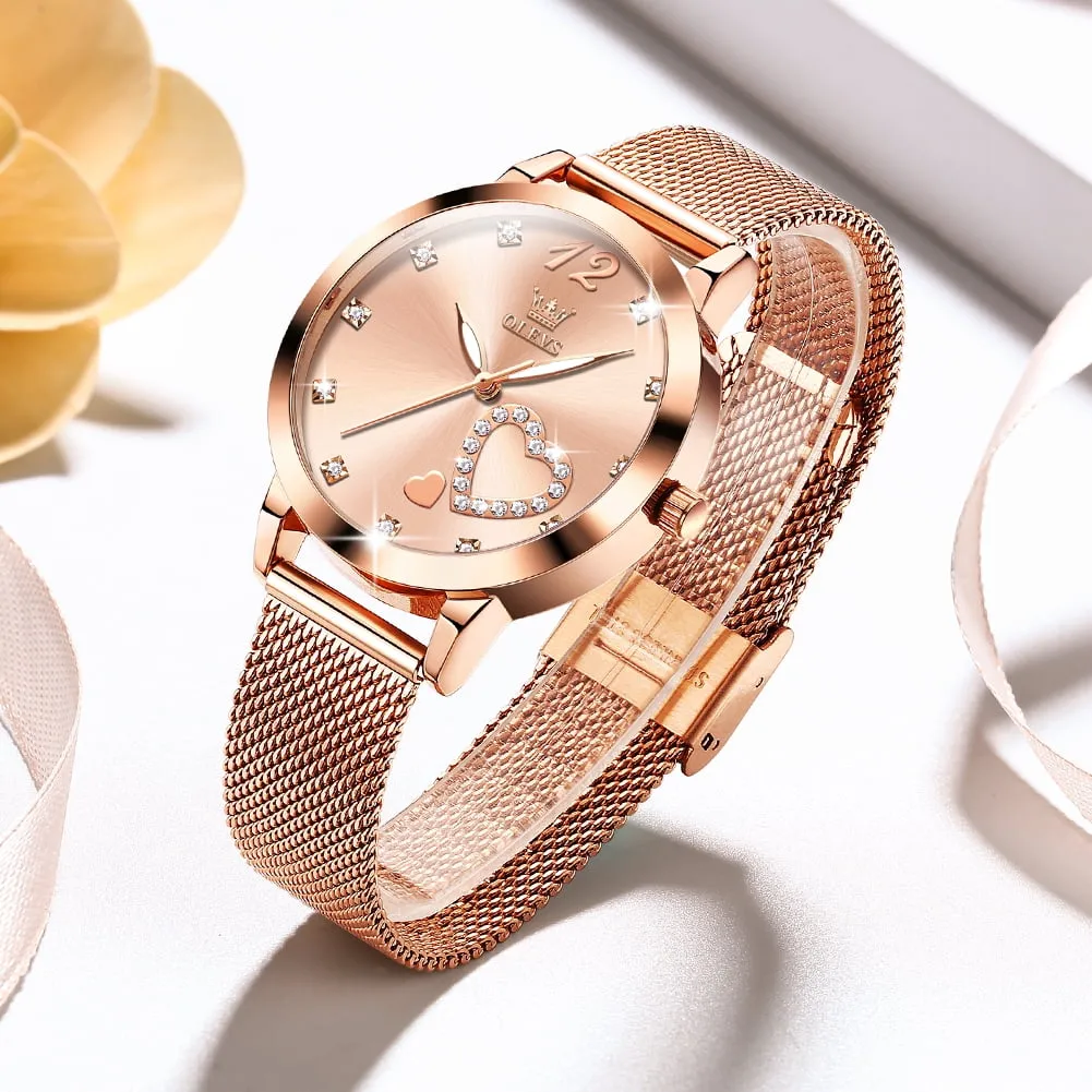 OLEVS Women Watch Fashion Rose Gold Diamond Analog Quartz Female Watch for Women Luxury Dress Ladies Stainless Steel Luminous Waterproof Date Wrist Watches Green Dial