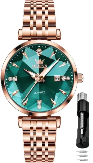 OLEVS Women Watch Fashion Rose Gold Diamond Analog Quartz Female Watch for Women Luxury Dress Ladies Stainless Steel Luminous Waterproof Date Wrist Watches Green Dial