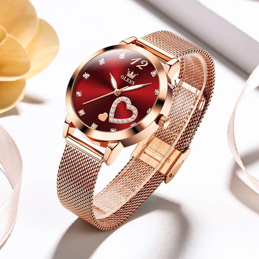 OLEVS Women Watch Fashion Rose Gold Diamond Analog Quartz Female Watch for Women Luxury Dress Ladies Stainless Steel Luminous Waterproof Date Wrist Watches Green Dial