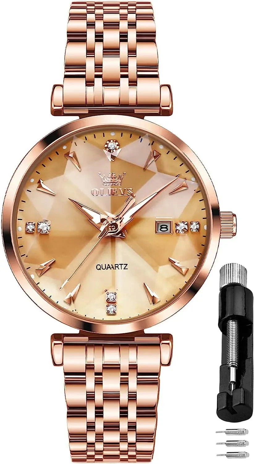 OLEVS Women Watch Fashion Rose Gold Diamond Analog Quartz Female Watch for Women Luxury Dress Ladies Stainless Steel Luminous Waterproof Date Wrist Watches Green Dial