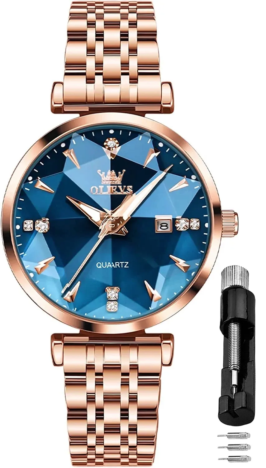 OLEVS Women Watch Fashion Rose Gold Diamond Analog Quartz Female Watch for Women Luxury Dress Ladies Stainless Steel Luminous Waterproof Date Wrist Watches Green Dial