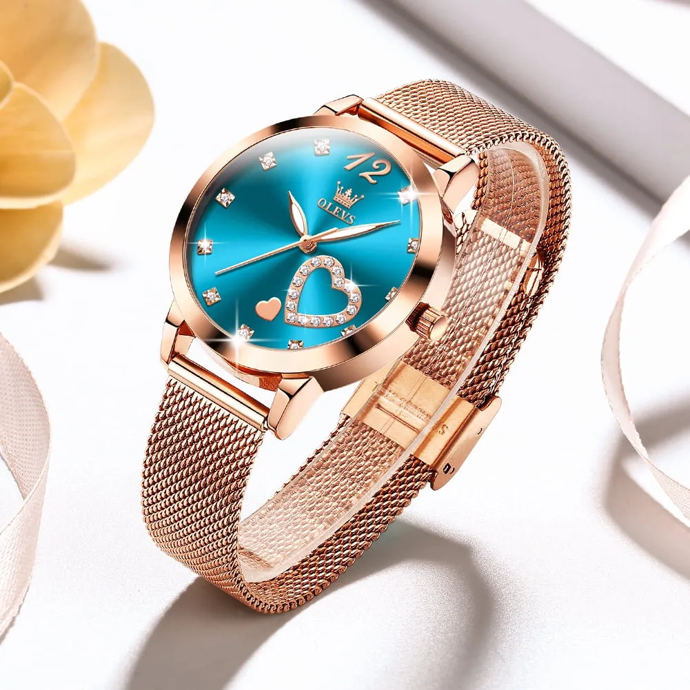 OLEVS Women Watch Fashion Rose Gold Diamond Analog Quartz Female Watch for Women Luxury Dress Ladies Stainless Steel Luminous Waterproof Date Wrist Watches Green Dial
