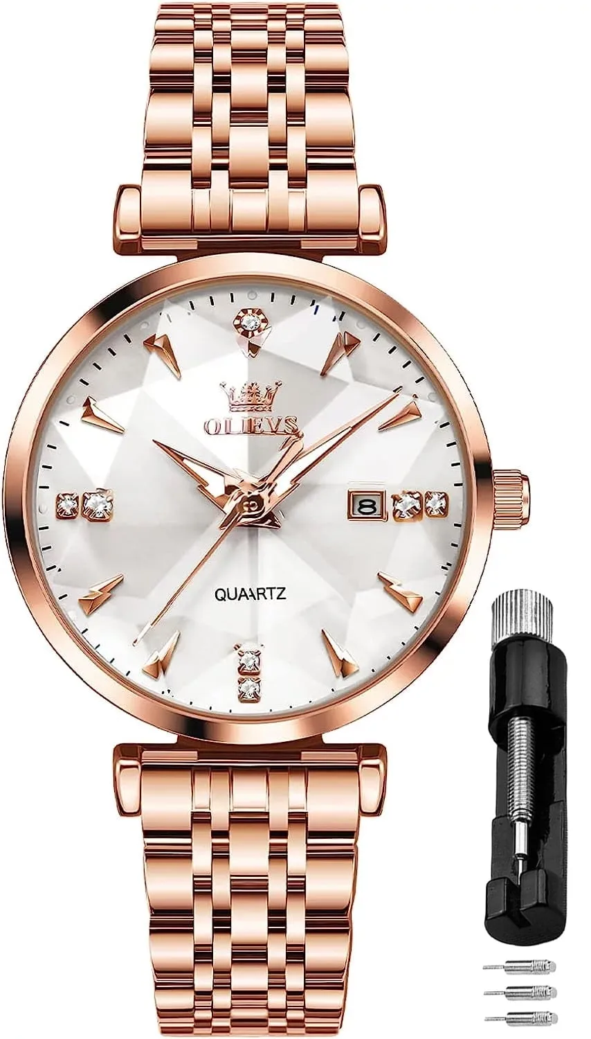 OLEVS Women Watch Fashion Rose Gold Diamond Analog Quartz Female Watch for Women Luxury Dress Ladies Stainless Steel Luminous Waterproof Date Wrist Watches Green Dial