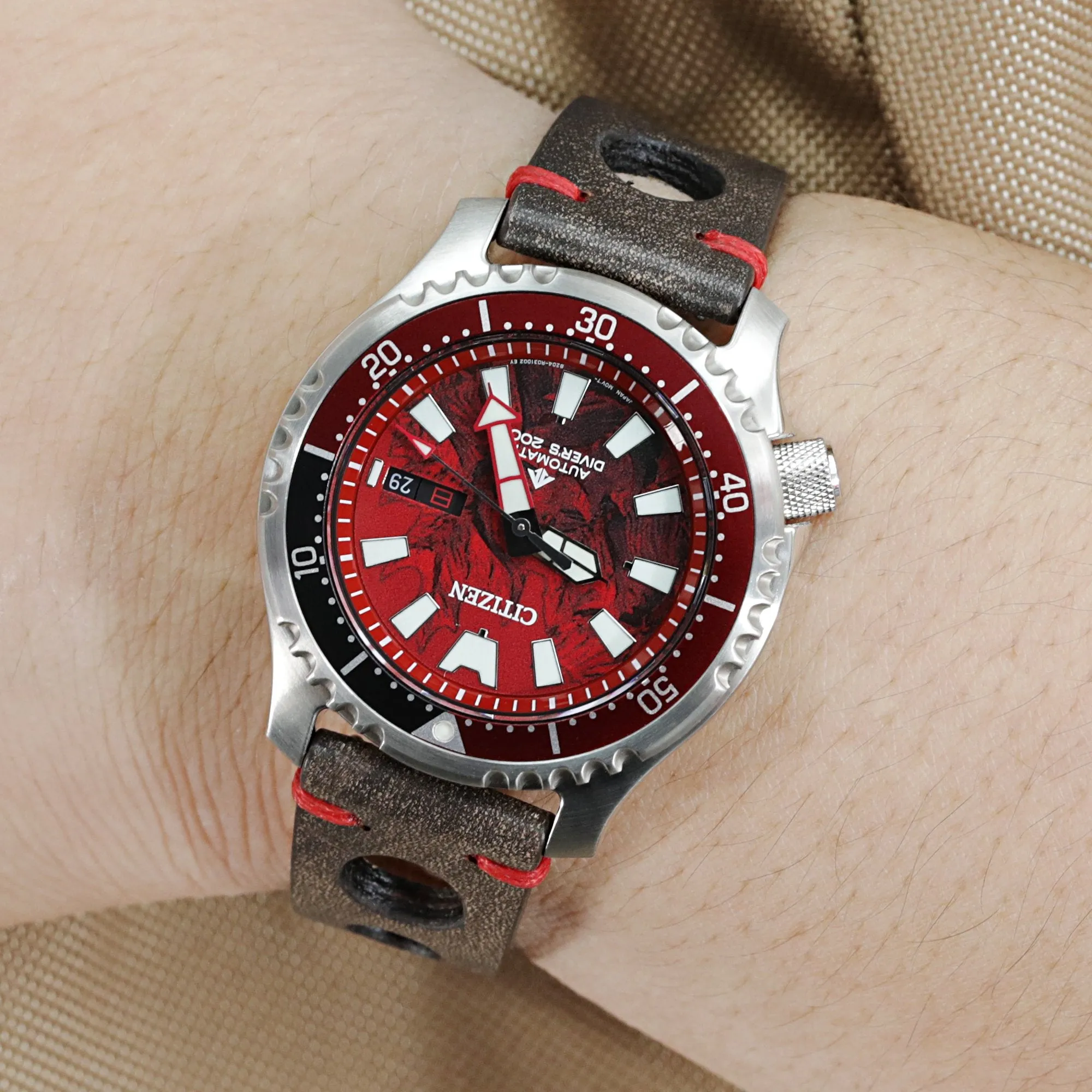 Q.R. 20mm Blackish Brown Leather Italian Handmade Racer Watch Band, Red Stitch.