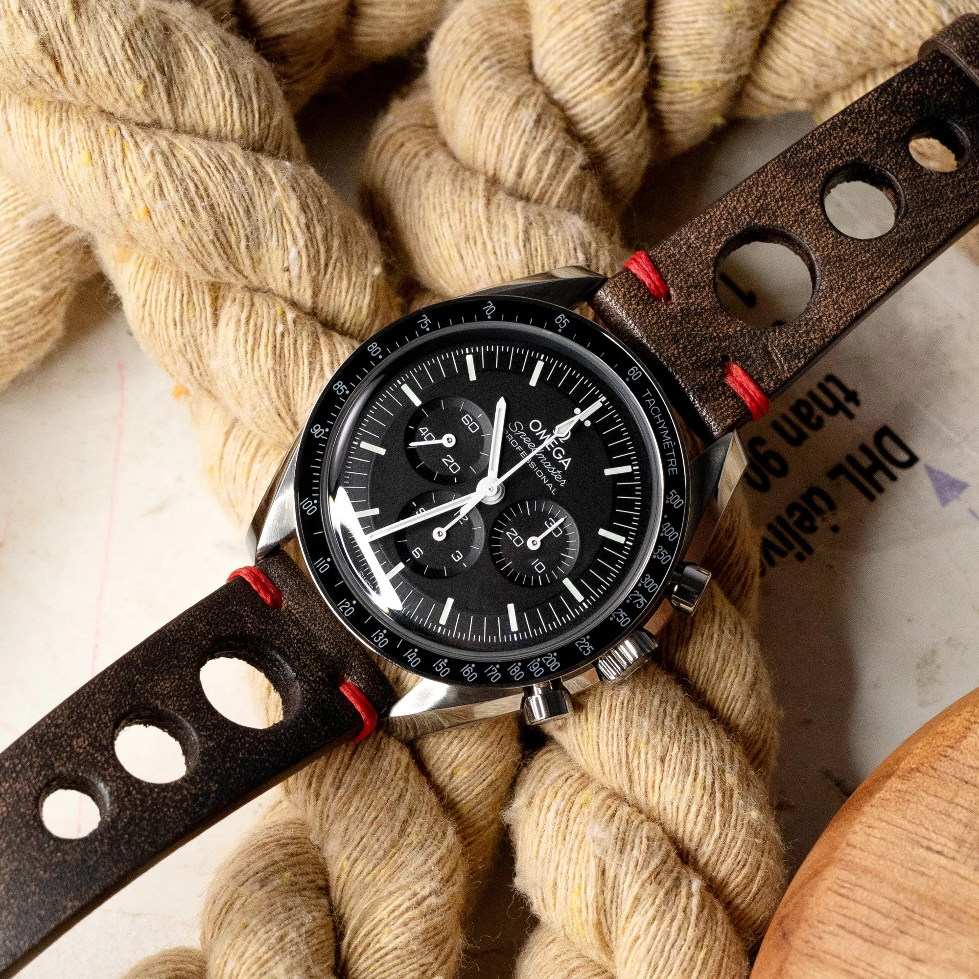 Q.R. 20mm Blackish Brown Leather Italian Handmade Racer Watch Band, Red Stitch.