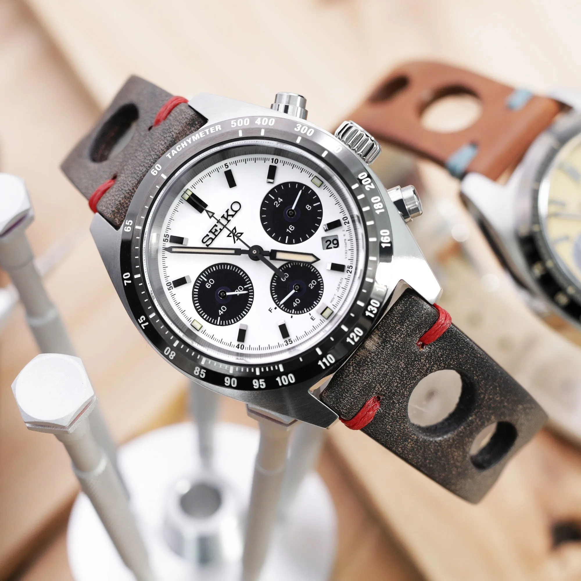 Q.R. 20mm Blackish Brown Leather Italian Handmade Racer Watch Band, Red Stitch.