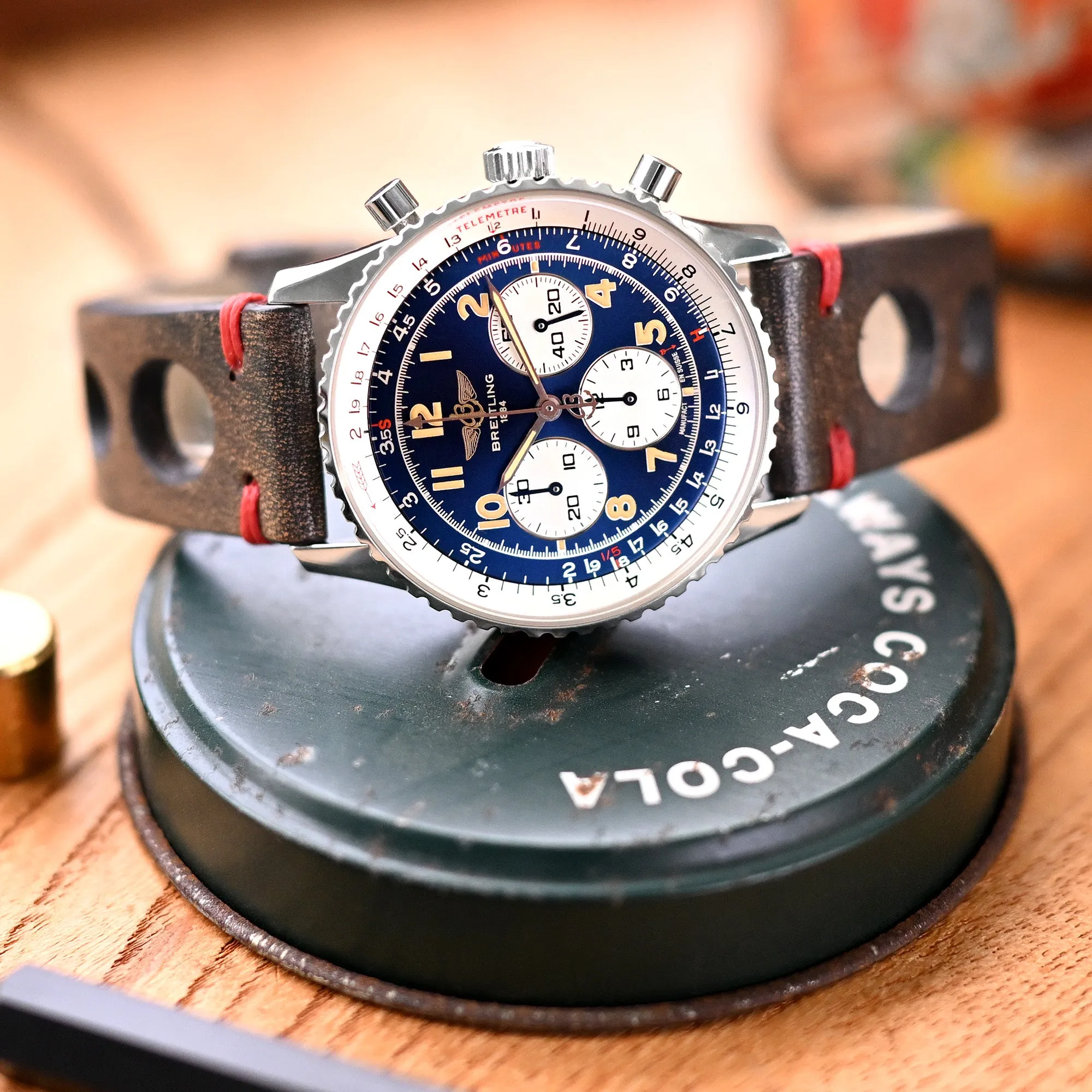Q.R. 20mm Blackish Brown Leather Italian Handmade Racer Watch Band, Red Stitch.