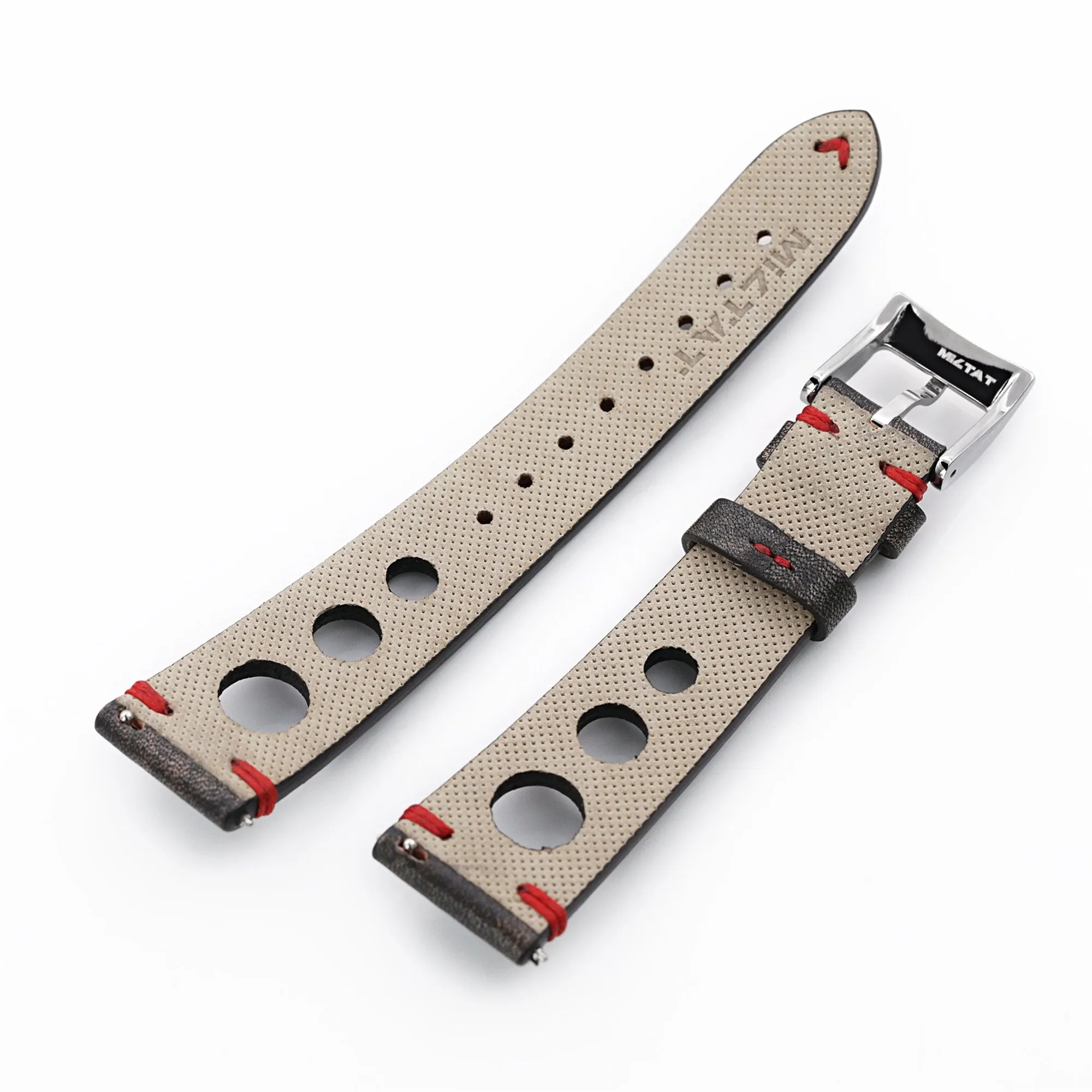 Q.R. 20mm Blackish Brown Leather Italian Handmade Racer Watch Band, Red Stitch.