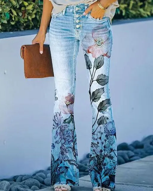 Retro Print Vintage Jeans Denim Trousers Multiple Styles High Rise Boot Cut Flare S-5XL