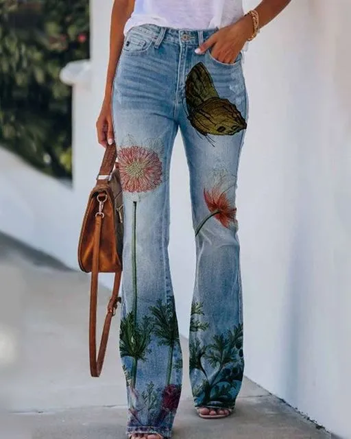 Retro Print Vintage Jeans Denim Trousers Multiple Styles High Rise Boot Cut Flare S-5XL