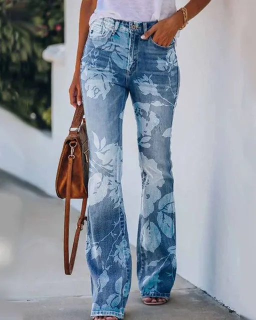 Retro Print Vintage Jeans Denim Trousers Multiple Styles High Rise Boot Cut Flare S-5XL