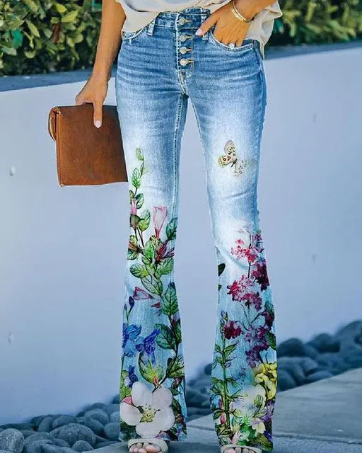 Retro Print Vintage Jeans Denim Trousers Multiple Styles High Rise Boot Cut Flare S-5XL