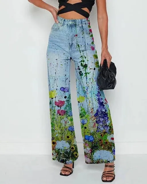 Retro Print Vintage Jeans Denim Trousers Multiple Styles High Rise Boot Cut Flare S-5XL