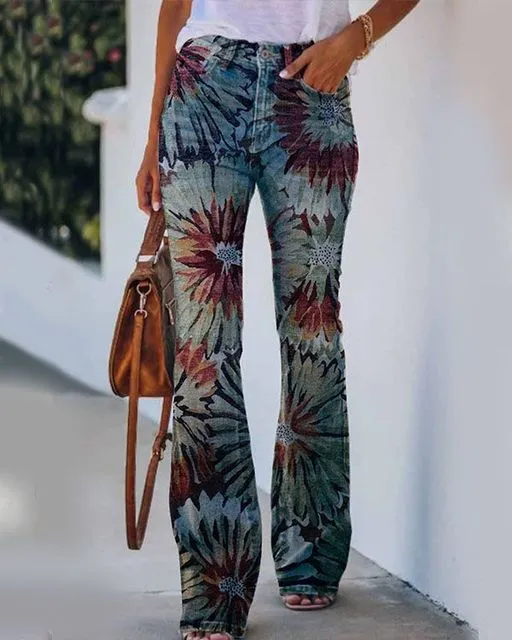 Retro Print Vintage Jeans Denim Trousers Multiple Styles High Rise Boot Cut Flare S-5XL