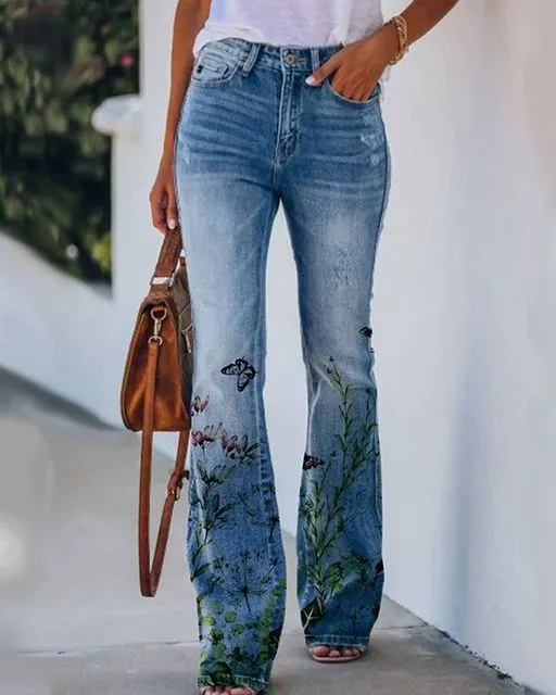 Retro Print Vintage Jeans Denim Trousers Multiple Styles High Rise Boot Cut Flare S-5XL