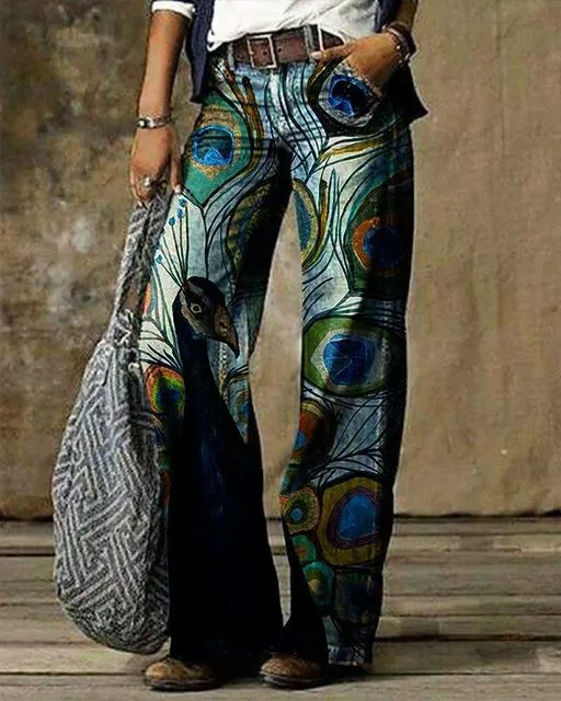 Retro Print Vintage Jeans Denim Trousers Multiple Styles High Rise Boot Cut Flare S-5XL