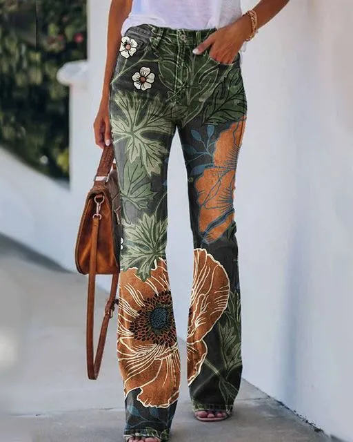 Retro Print Vintage Jeans Denim Trousers Multiple Styles High Rise Boot Cut Flare S-5XL