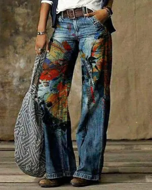 Retro Print Vintage Jeans Denim Trousers Multiple Styles High Rise Boot Cut Flare S-5XL