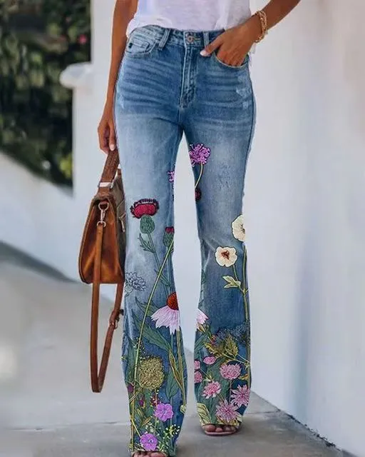 Retro Print Vintage Jeans Denim Trousers Multiple Styles High Rise Boot Cut Flare S-5XL