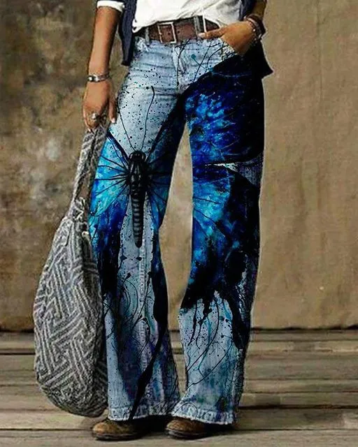 Retro Print Vintage Jeans Denim Trousers Multiple Styles High Rise Boot Cut Flare S-5XL