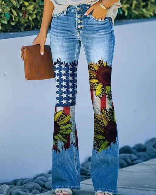 Retro Print Vintage Jeans Denim Trousers Multiple Styles High Rise Boot Cut Flare S-5XL