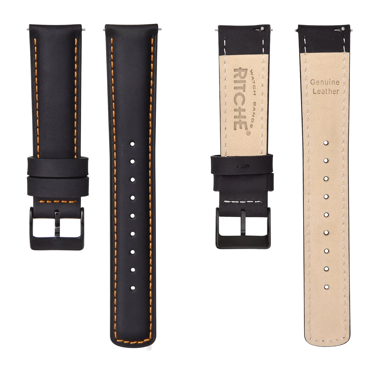 Ritche Classic Black Leather Watch Bands - Orange Stitching