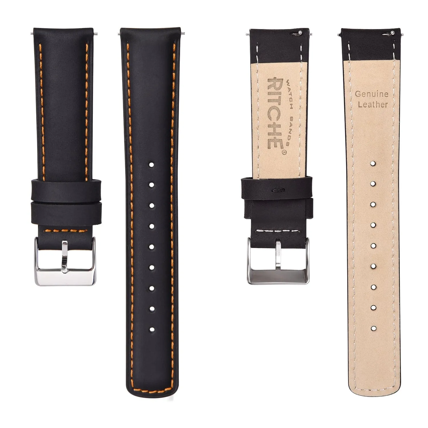 Ritche Classic Black Leather Watch Bands - Orange Stitching