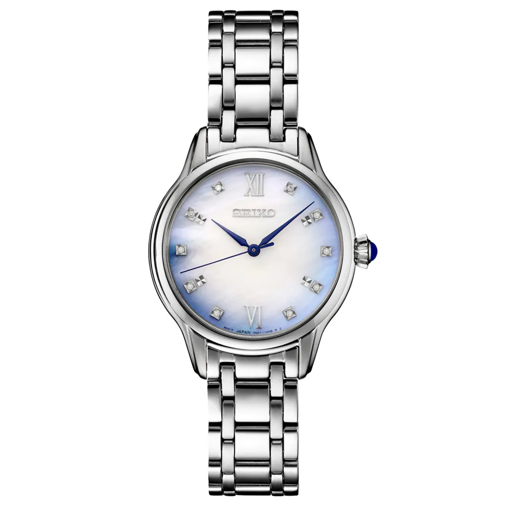 Seiko Women's Mother of Pearl Dial Silver Band Stainless Steel Quartz Watch - SRZ539