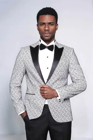 Shiny Patterned White Men Prom Blazer - Wessi