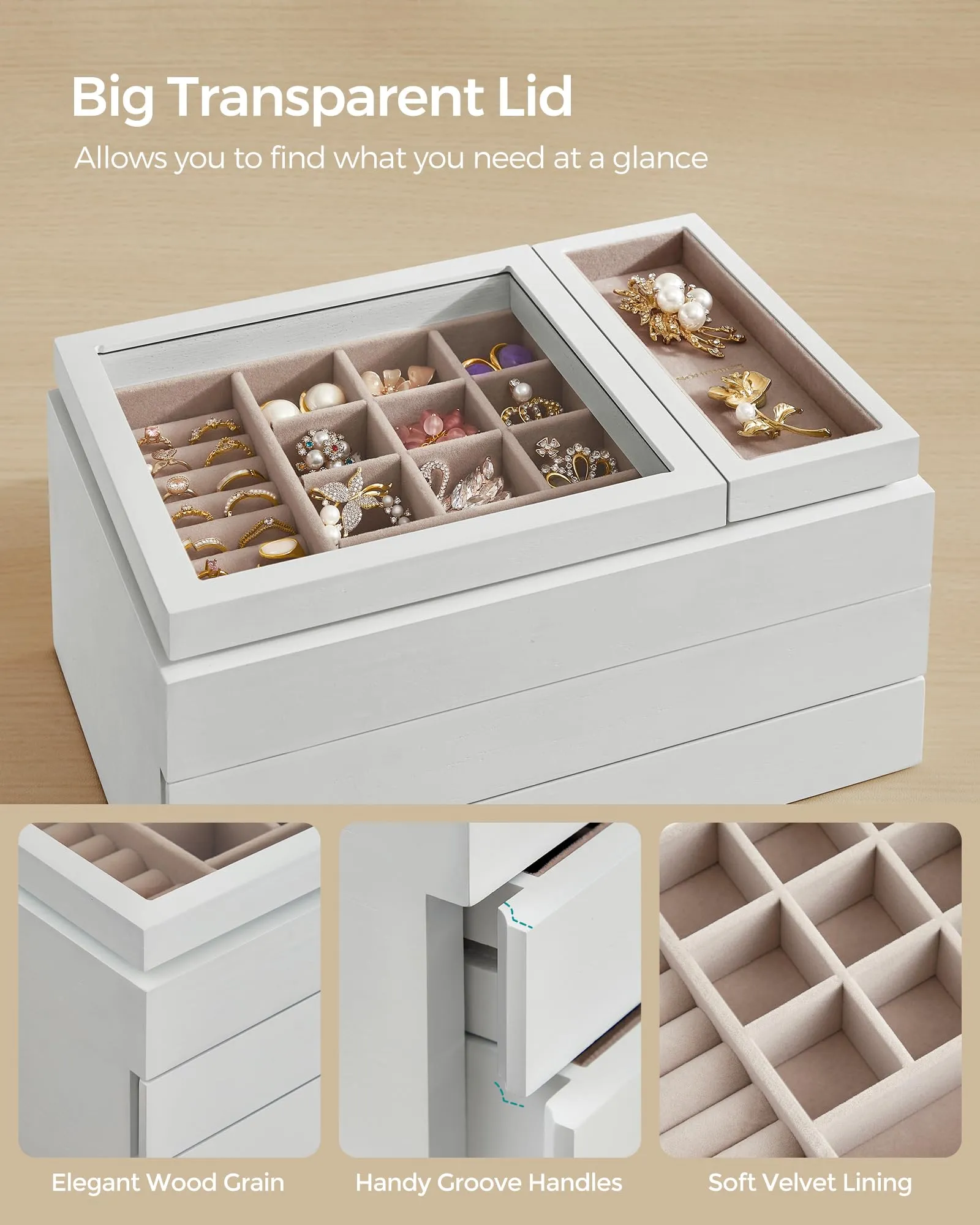 SONGMICS Wooden Jewelry Box with Clear Lid, 3-Layer Jewelry Storage Organizer, 2 Drawers, Small Removable Tray, Solid Wood Veneer, Velvet Lining, Floating Effect, Gift Idea, Snow White UJOW016W01