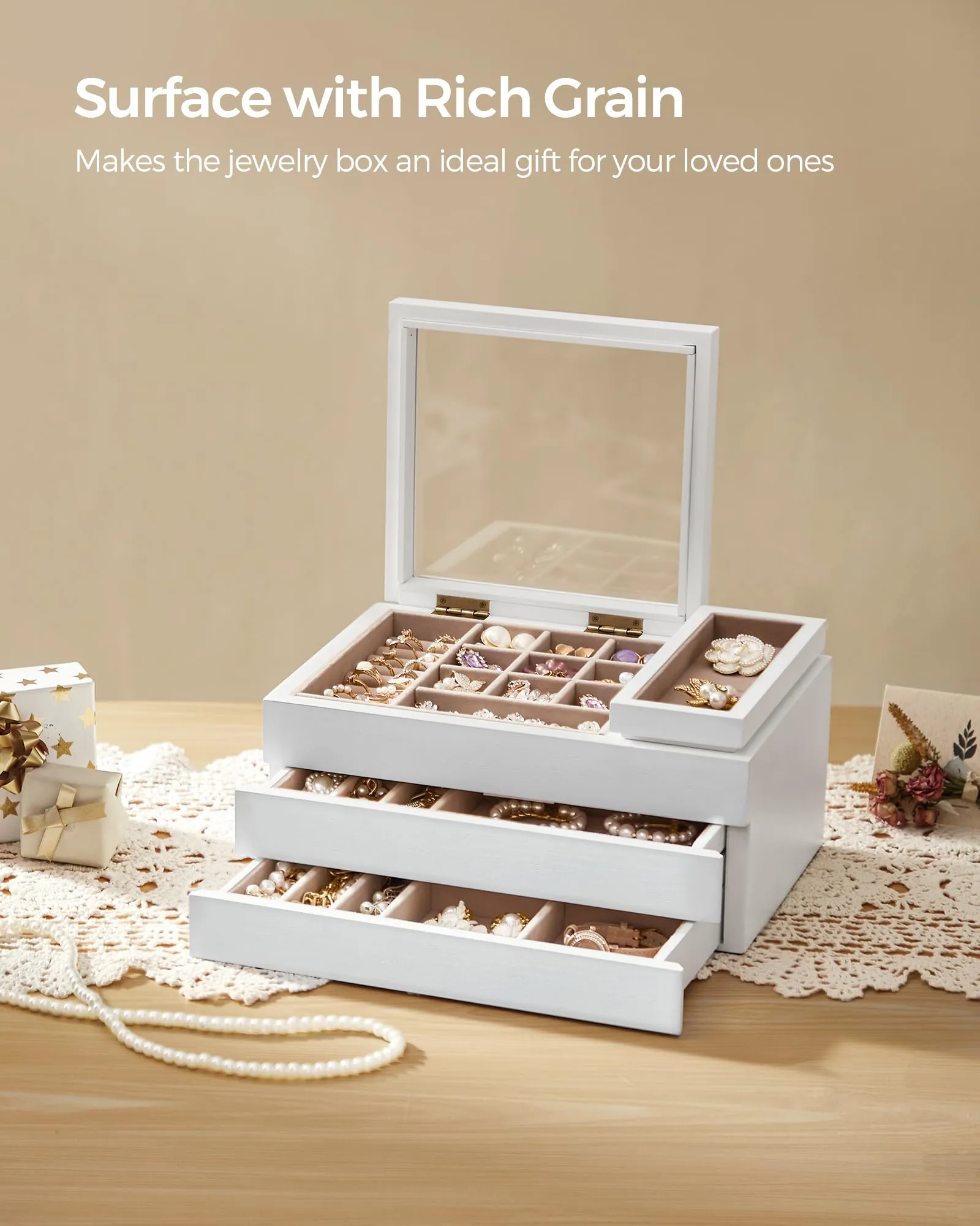 SONGMICS Wooden Jewelry Box with Clear Lid, 3-Layer Jewelry Storage Organizer, 2 Drawers, Small Removable Tray, Solid Wood Veneer, Velvet Lining, Floating Effect, Gift Idea, Snow White UJOW016W01