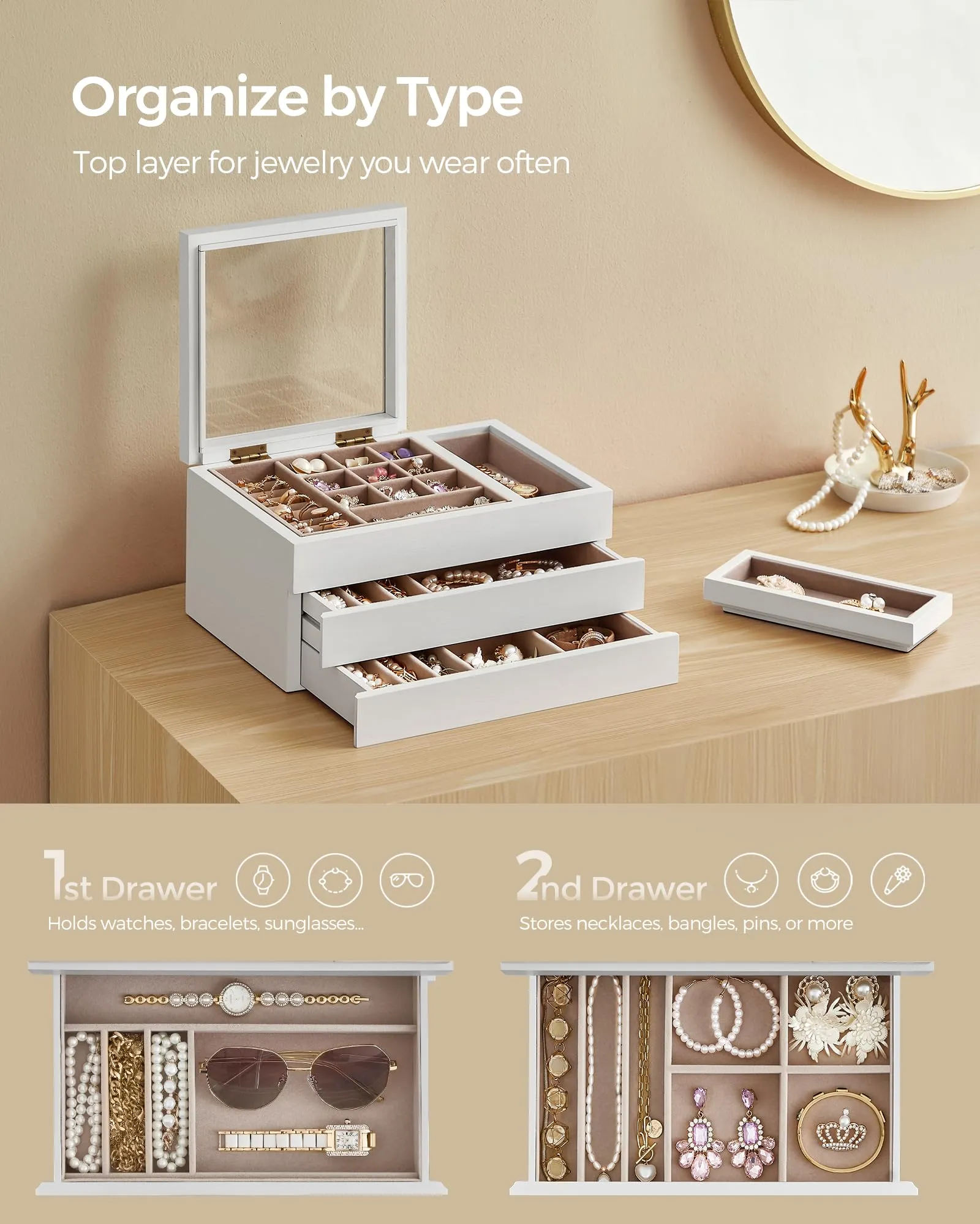 SONGMICS Wooden Jewelry Box with Clear Lid, 3-Layer Jewelry Storage Organizer, 2 Drawers, Small Removable Tray, Solid Wood Veneer, Velvet Lining, Floating Effect, Gift Idea, Snow White UJOW016W01