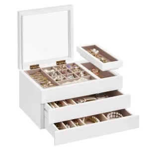 SONGMICS Wooden Jewelry Box with Clear Lid, 3-Layer Jewelry Storage Organizer, 2 Drawers, Small Removable Tray, Solid Wood Veneer, Velvet Lining, Floating Effect, Gift Idea, Snow White UJOW016W01