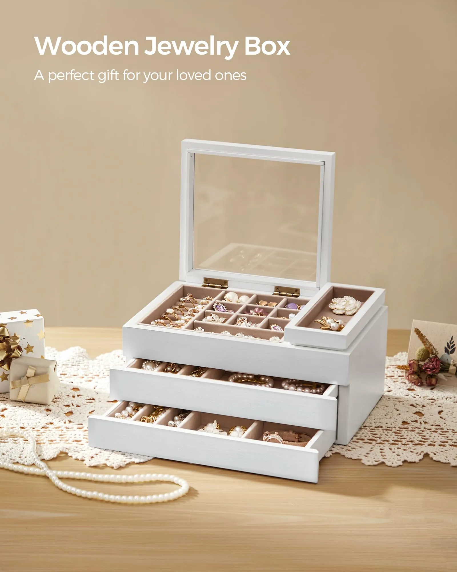 SONGMICS Wooden Jewelry Box with Clear Lid, 3-Layer Jewelry Storage Organizer, 2 Drawers, Small Removable Tray, Solid Wood Veneer, Velvet Lining, Floating Effect, Gift Idea, Snow White UJOW016W01