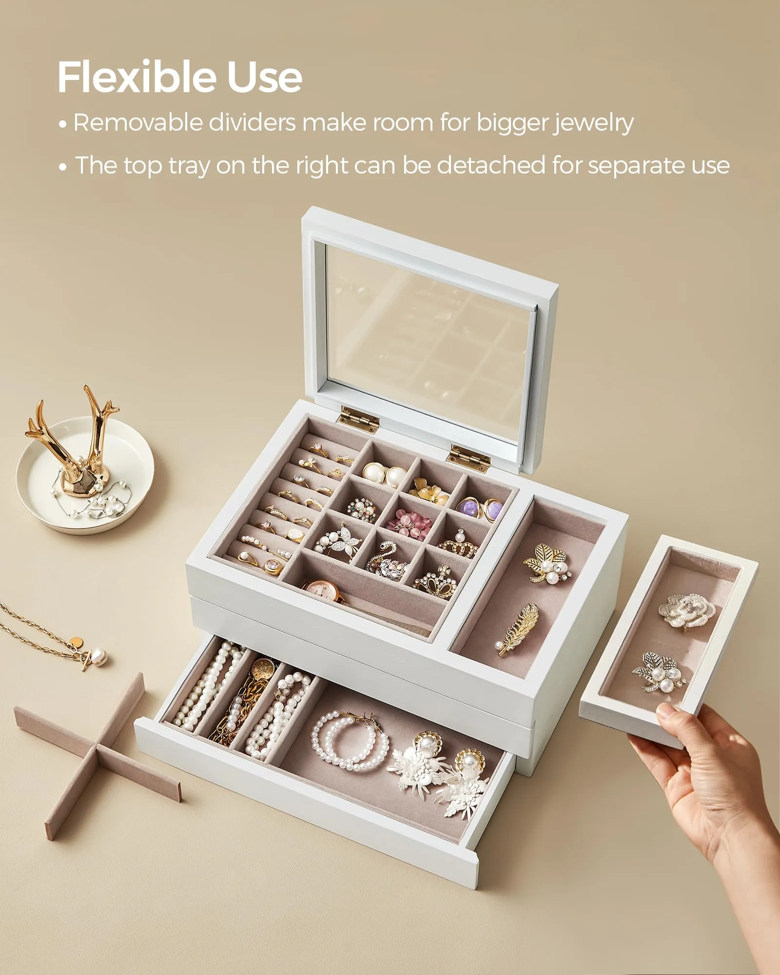 SONGMICS Wooden Jewelry Box with Clear Lid, 3-Layer Jewelry Storage Organizer, 2 Drawers, Small Removable Tray, Solid Wood Veneer, Velvet Lining, Floating Effect, Gift Idea, Snow White UJOW016W01