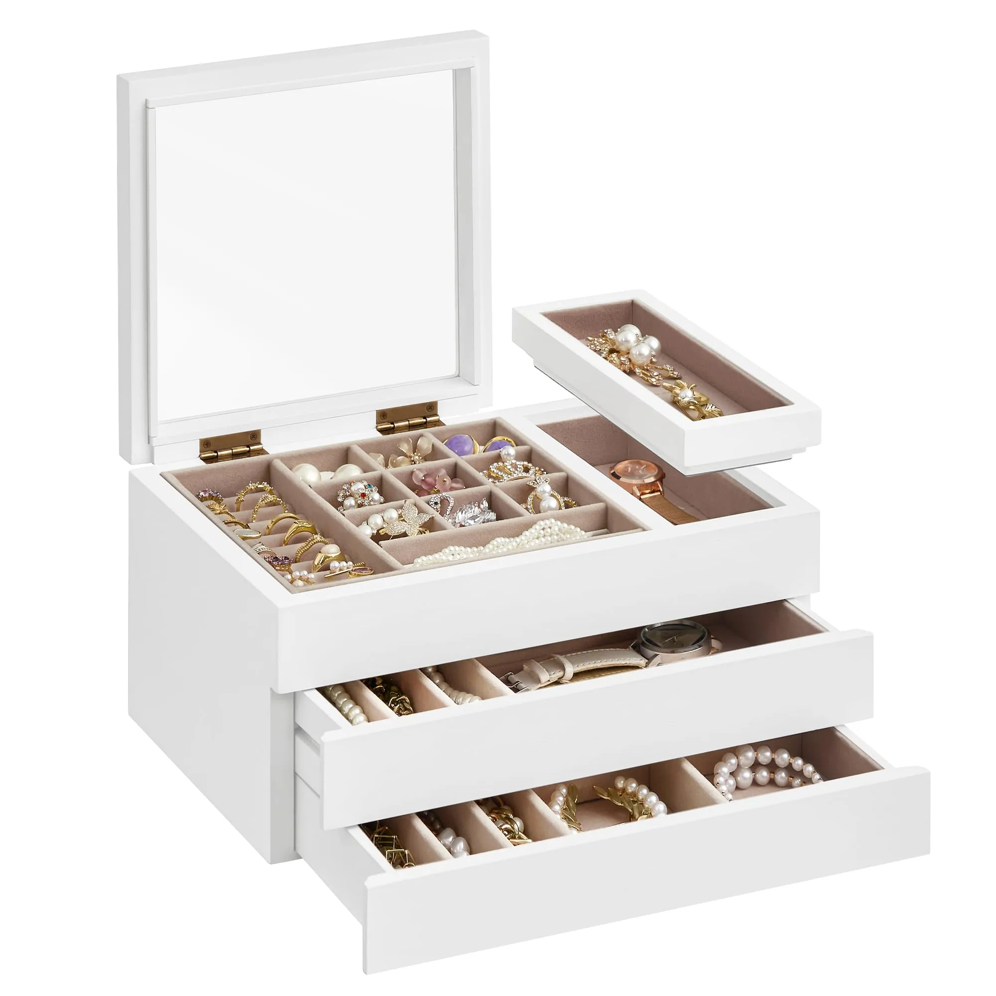 SONGMICS Wooden Jewelry Box with Clear Lid, 3-Layer Jewelry Storage Organizer, 2 Drawers, Small Removable Tray, Solid Wood Veneer, Velvet Lining, Floating Effect, Gift Idea, Snow White UJOW016W01