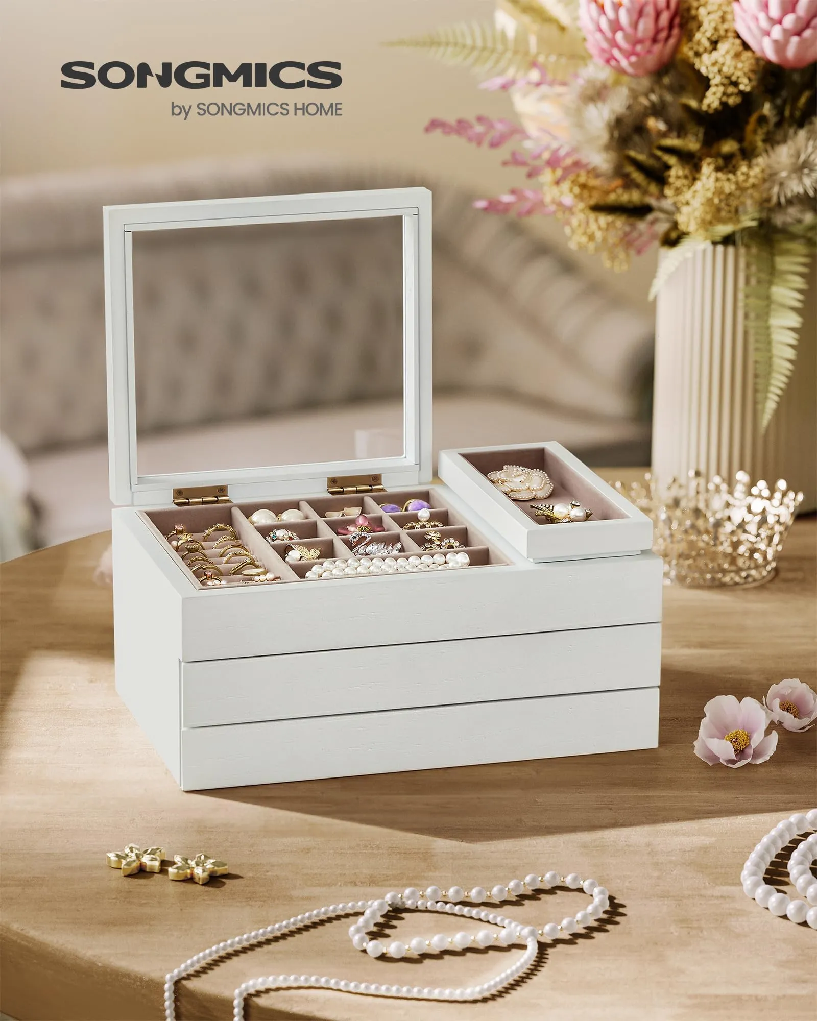 SONGMICS Wooden Jewelry Box with Clear Lid, 3-Layer Jewelry Storage Organizer, 2 Drawers, Small Removable Tray, Solid Wood Veneer, Velvet Lining, Floating Effect, Gift Idea, Snow White UJOW016W01